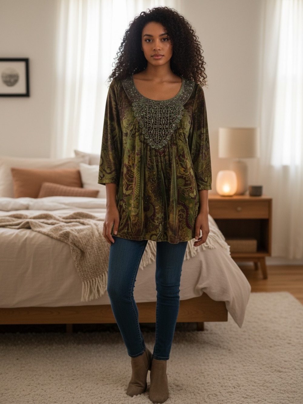One World Velour Top Olive Green Paisley Boho Beaded Scoop Neck Boho Fairy